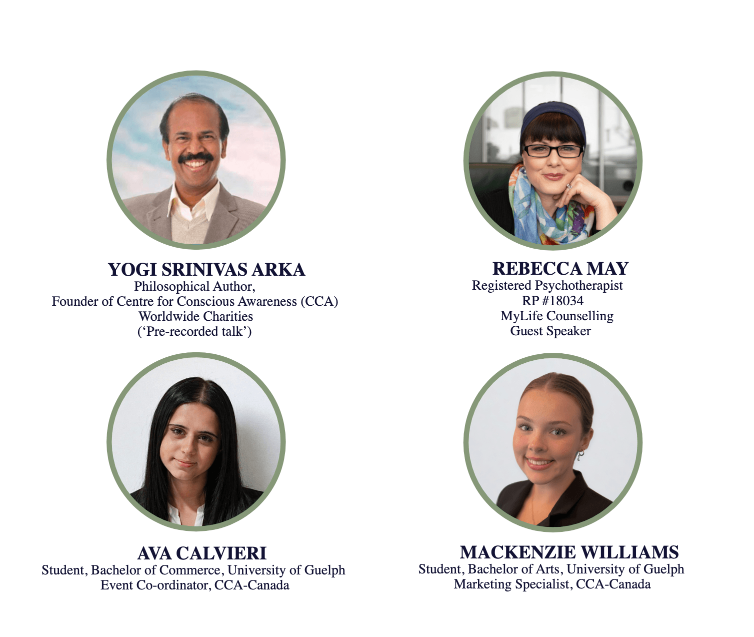 Yogi Srinivas Arka, Rebecca May, Ava Calvieri, Mackenzie Williams - Event Speakers